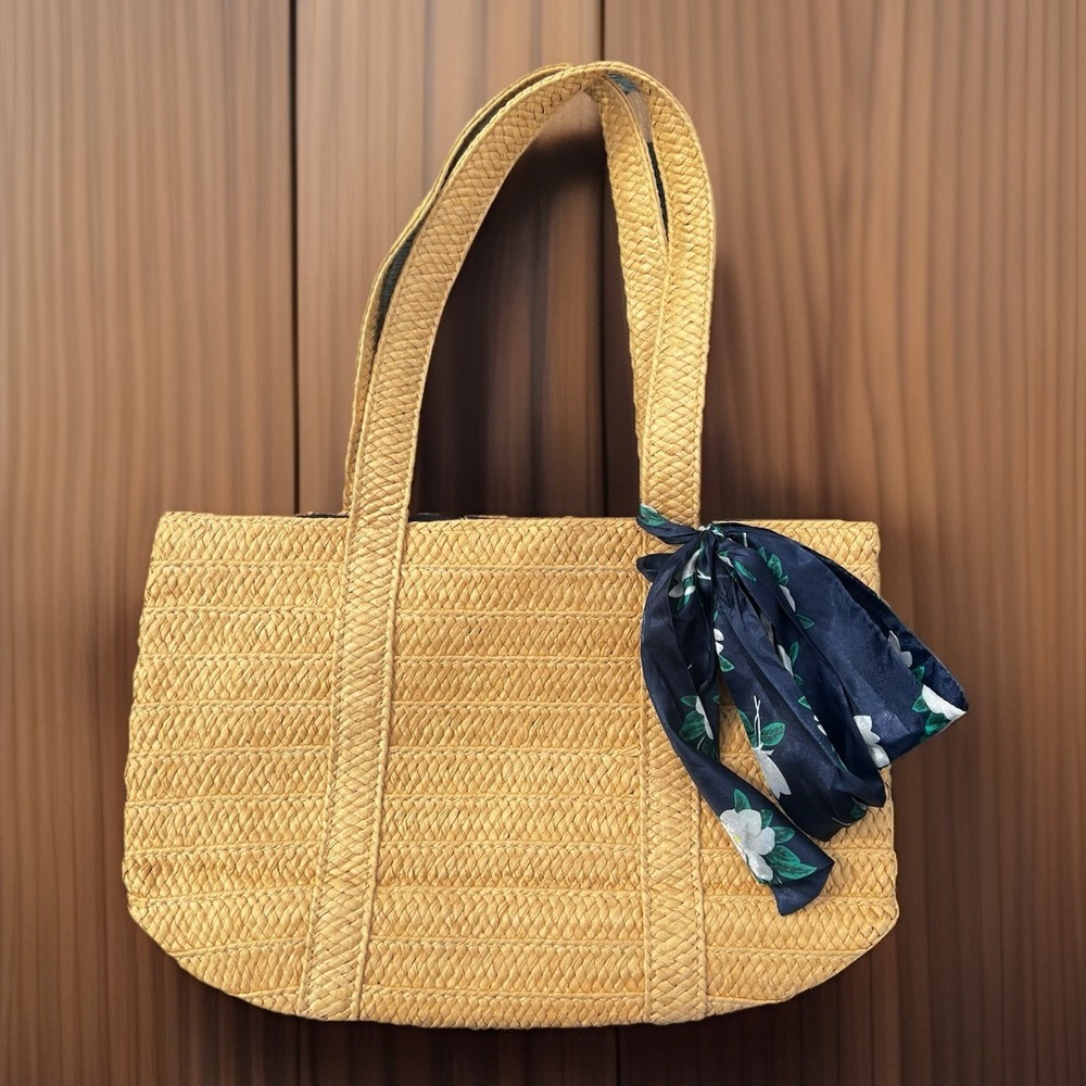 Draper James Tan Everyday Straw Tote‎ Bag with Floral Scarf Tie & Snap Closure